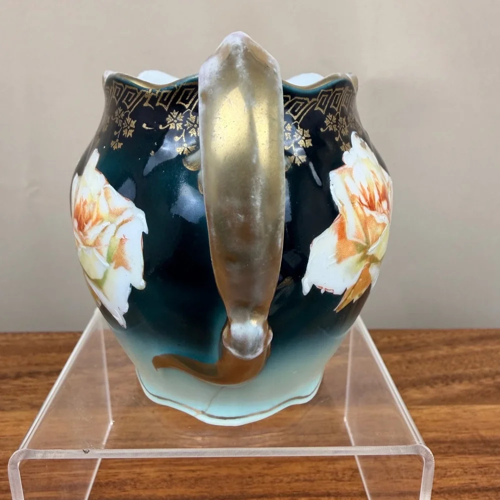 Z.S. & Co Bavaria Antique Hand Painted Creamer Teal Gold Gilt Roses German China